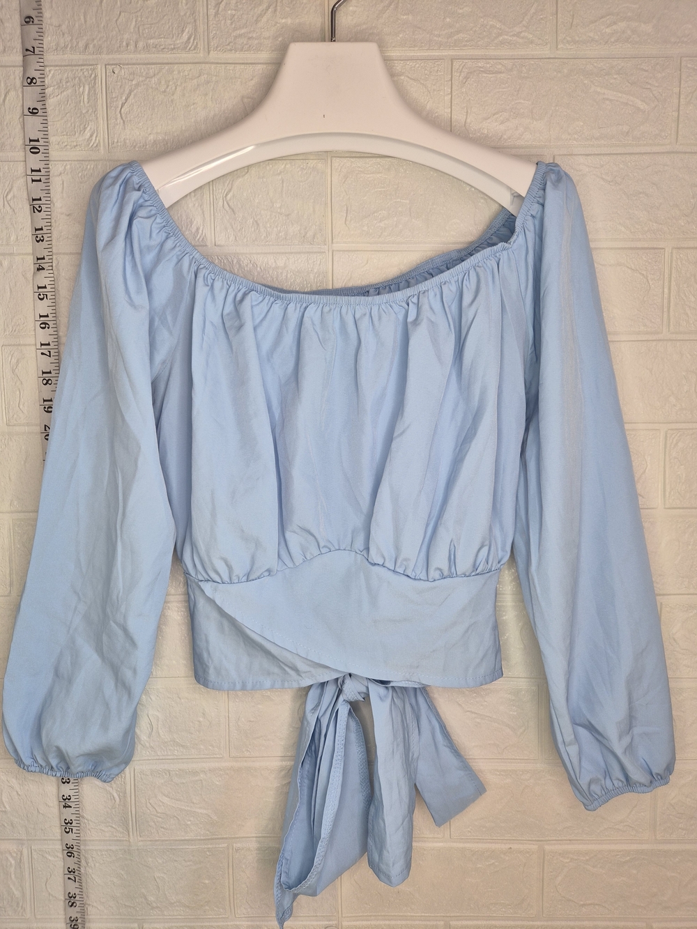 Womens Off Shoulder Crop Top Blouse Balloon Sleeves Tieback Light Blue Large